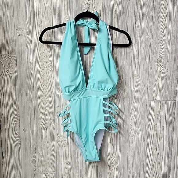 Aqua Eve Blue One Piece Halter Plunge V Neck Swimsuit Womens Size Medium NWT - Picture 2 of 12